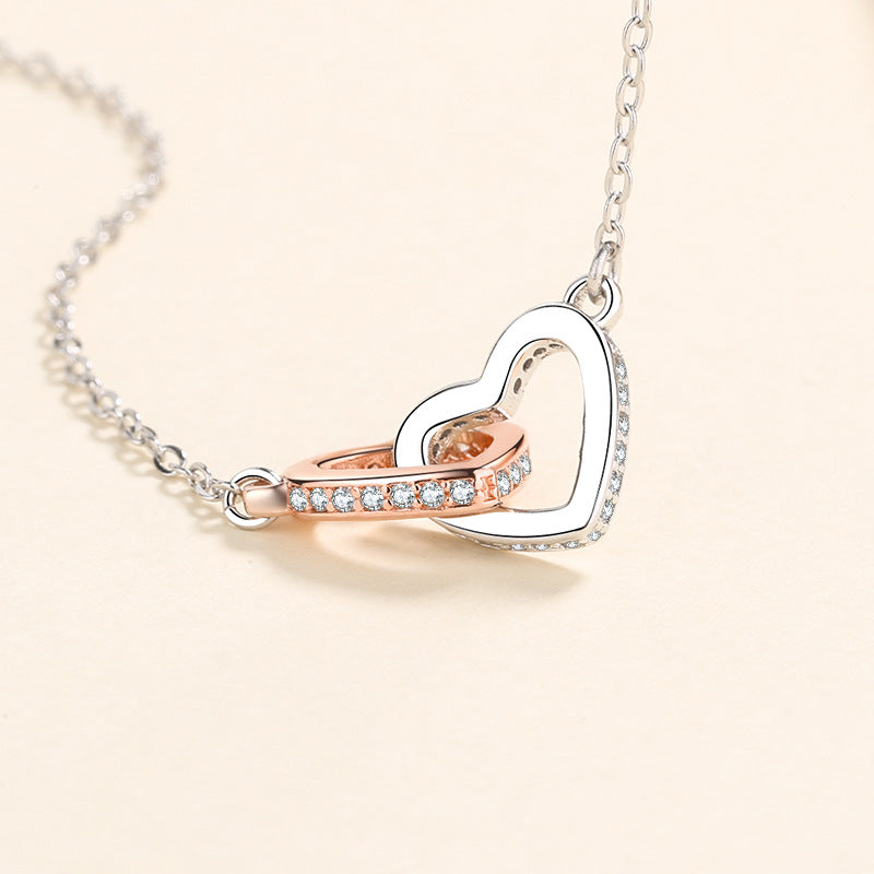Wholesale S925 Silver Heart to Heart Double Ring Silver Necklace