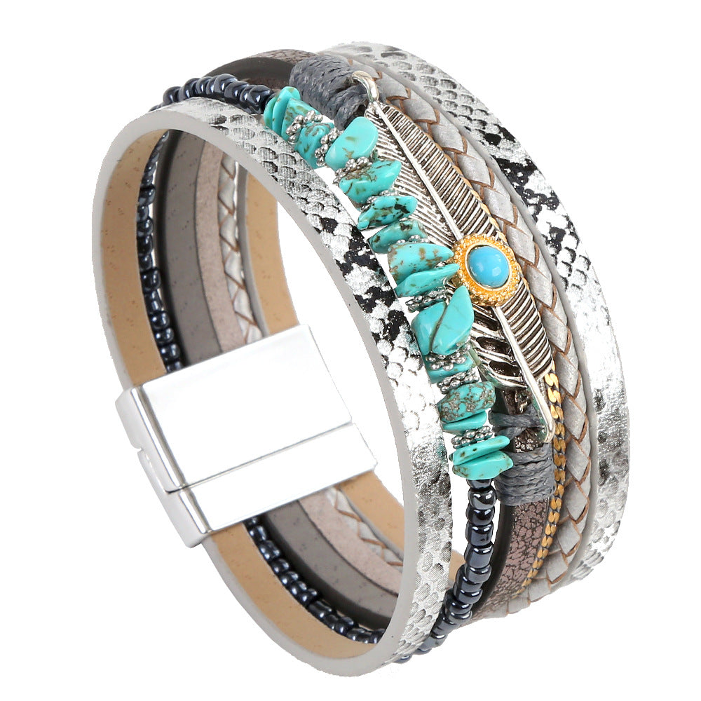 Wholesale Creative Vintage Boho Gravel Feather Leather Bracelet Bohemian ACC-BT-Hongx008