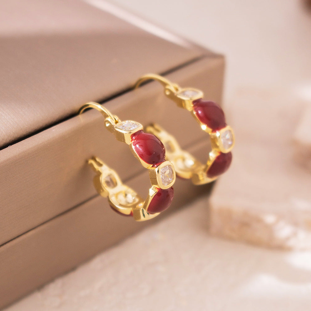 Wholesale  Red Drop Glaze Circle Ear Buckle  Light Luxury  Zirconium Earrings