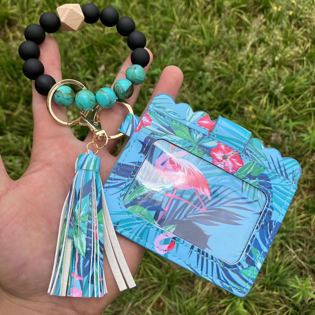 Wholesale Leopard Plaid Western Style Card Holder Silicone Beaded Wristlet Keychain ACC-KC-QiuXue011