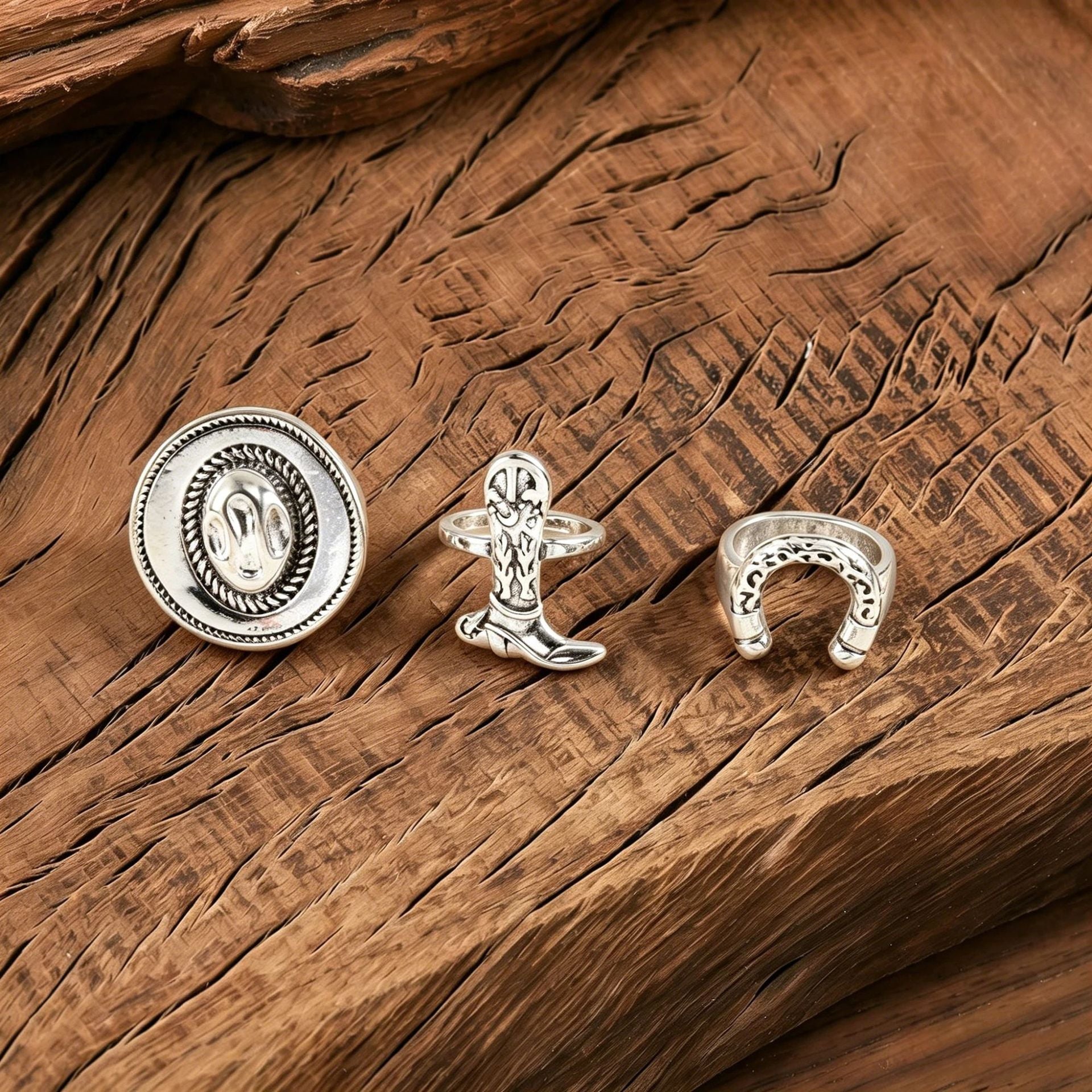 Wholesale Western Cowboy Style Horseshoe Ring Set Gold Zinc Alloy Electroplated 3 Piece Jewelry Accessory For Parties