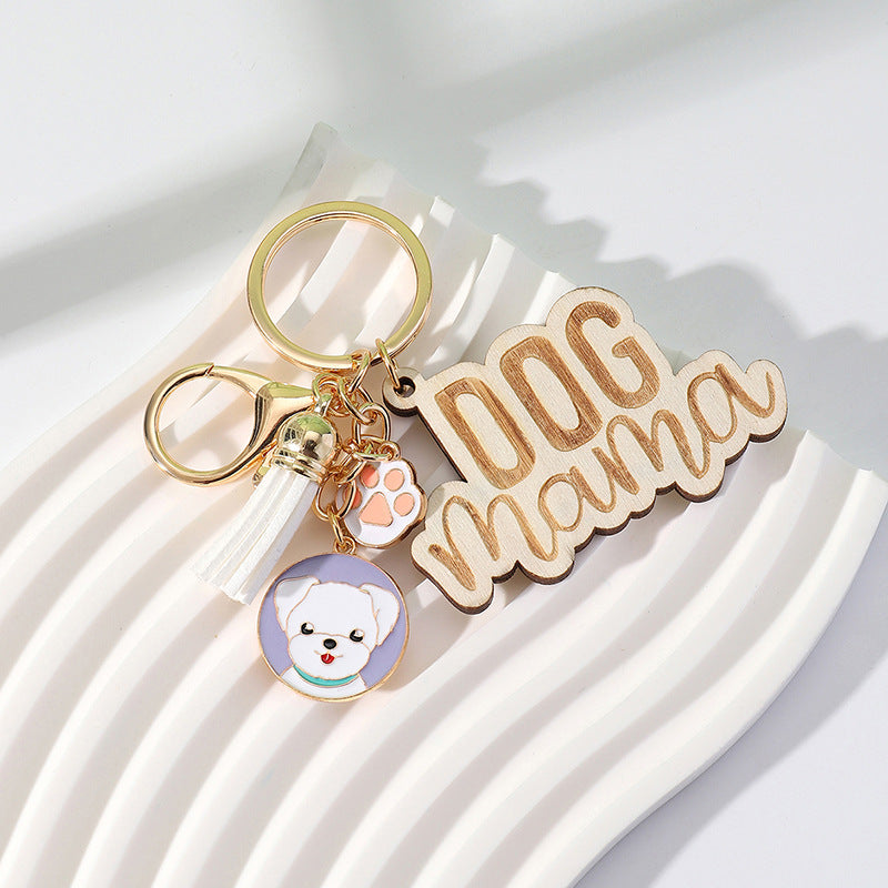 Wholesale Colorful DOG MAMA Tassel Wood Keychain Mother's Day ACC-KC-HuiWen012