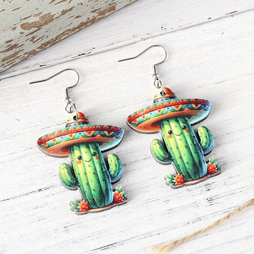 Wholesale Mexico Fifth Festival of the Dead Straw Hat Funny Cactus Pendant Earrings