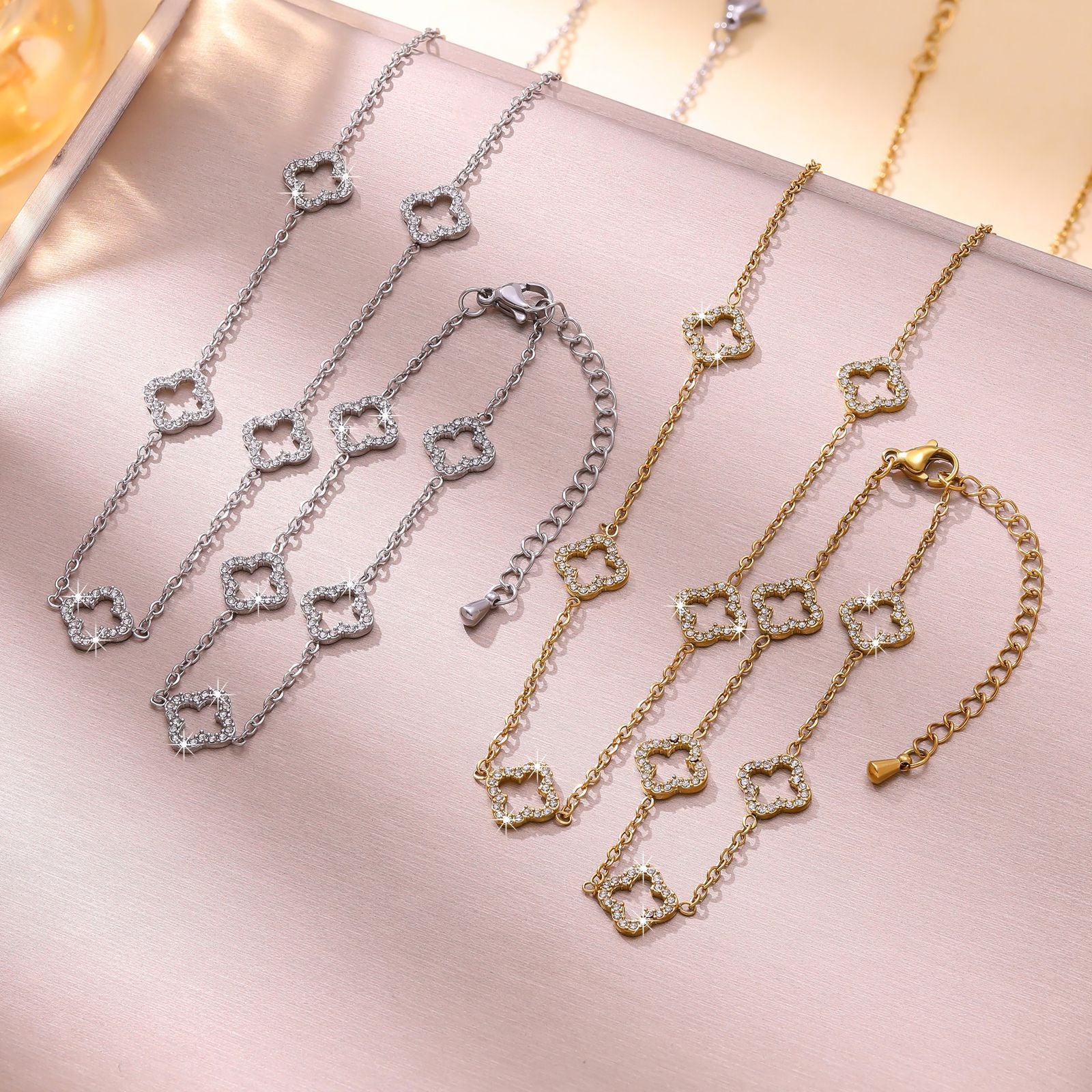 Wholesale Fashion Four Leaf Clover Hollow Out Gold Plated Stainless Steel Long Necklace For Women Everyday Wear Gift