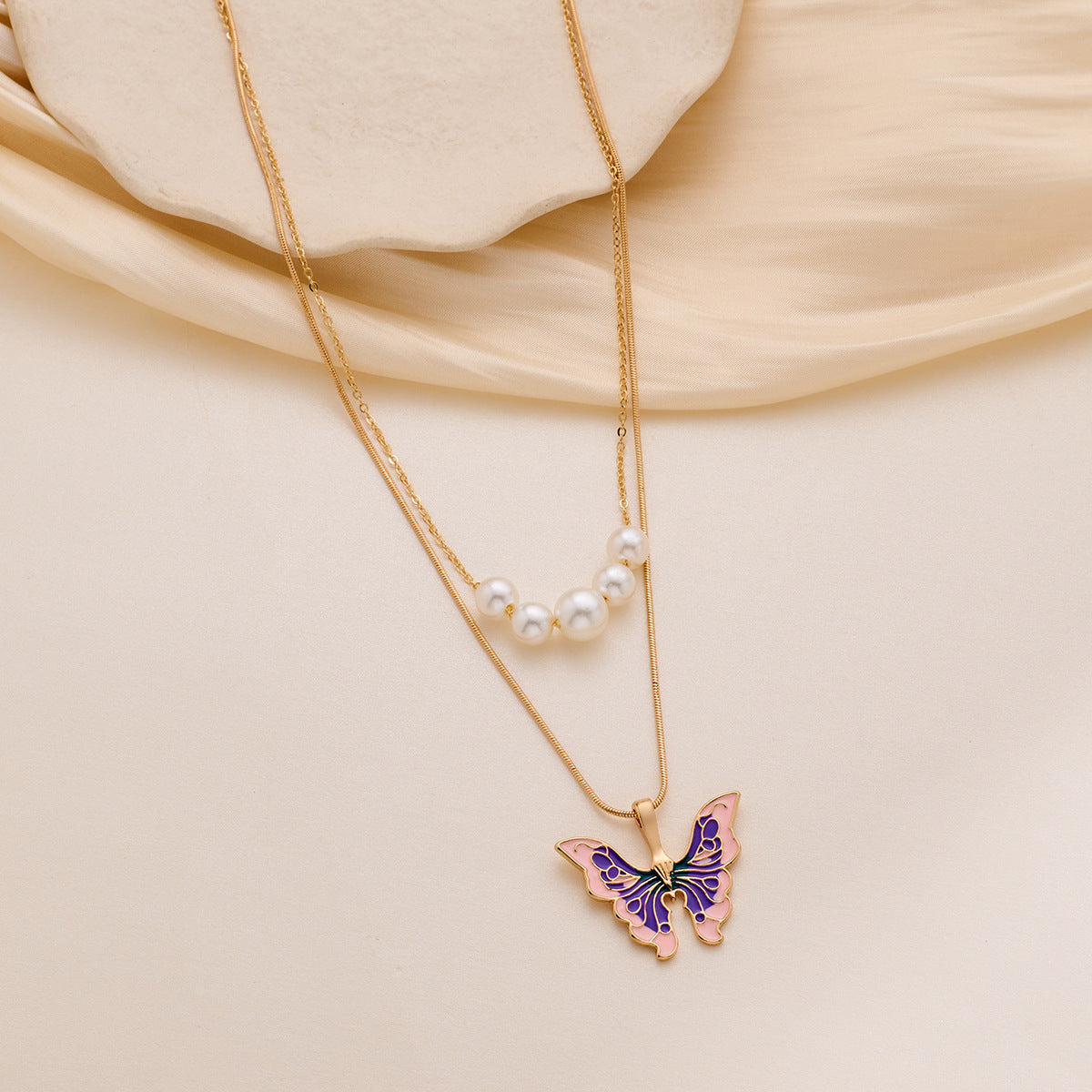 Wholesale butterfly necklace pearl double chain Necklace