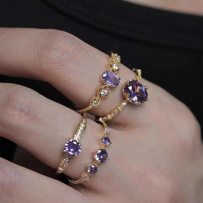 Wholesale French Stylish Adjustable Purple Zircon Ring Set Electroplated Alloy Geometric Four Piece Jewelry Accessory For Women Boutique Resale Gift