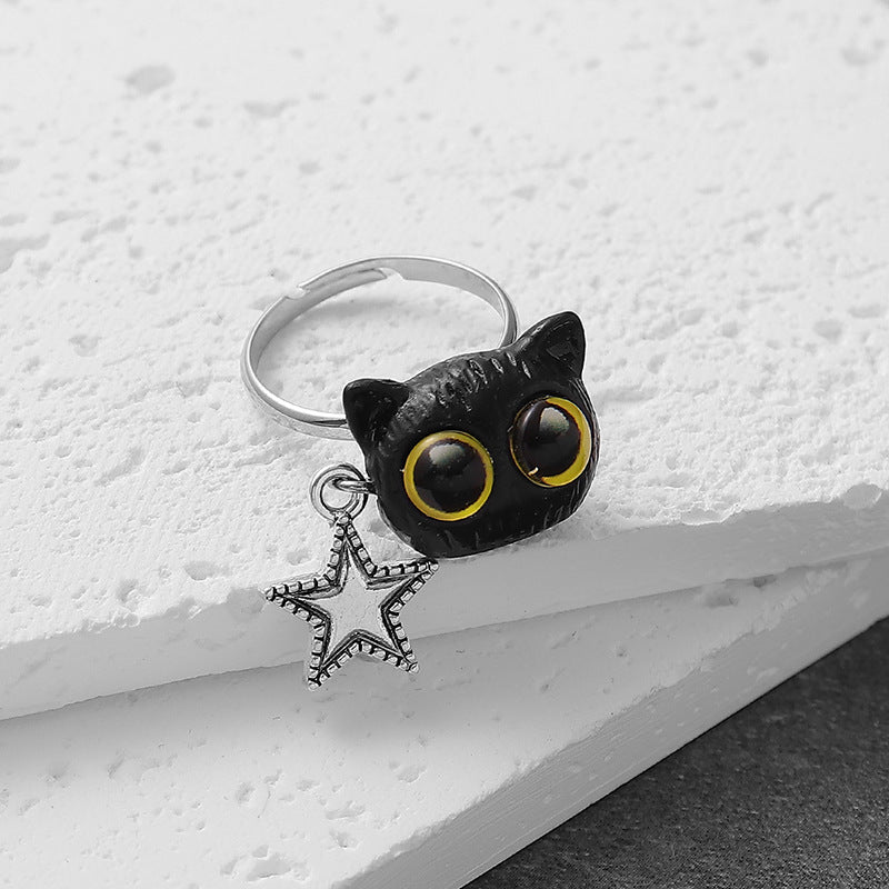 Wholesale resin big-eyed cat stitching five-pointed star pendant adjustable size fashion ring
