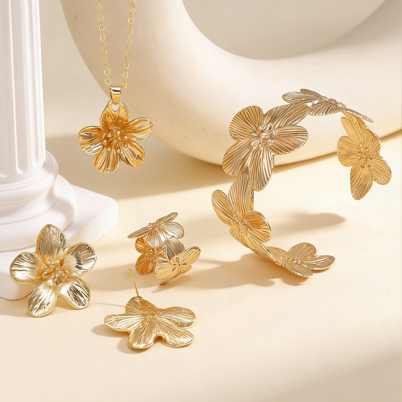 Wholesale Gold Camellia Flower Jewelry Set Necklace Earrings Bracelet Party Wear Boutique Resale
