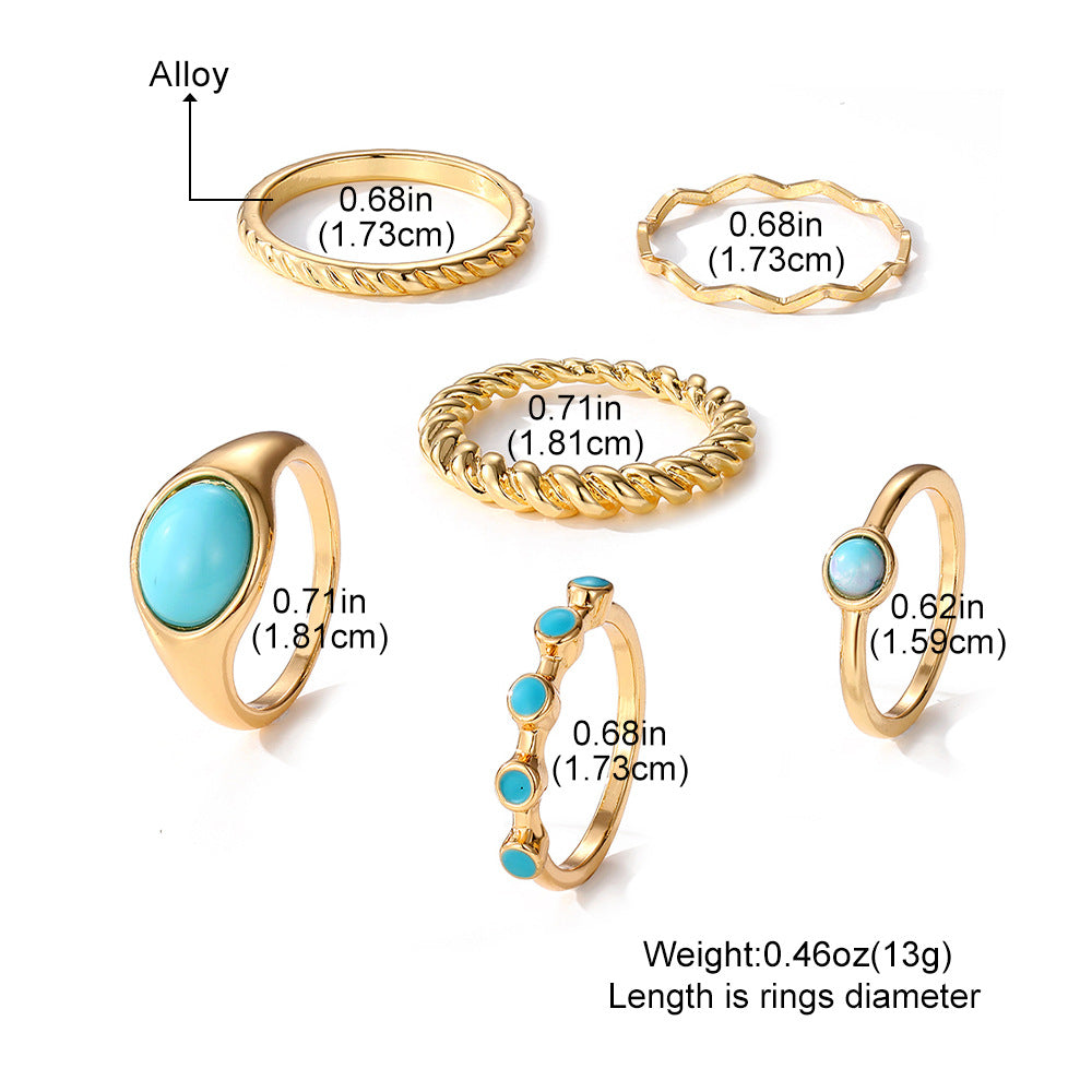 Wholesale  turquoise twist ring 6-piece gold wave knuckle ring