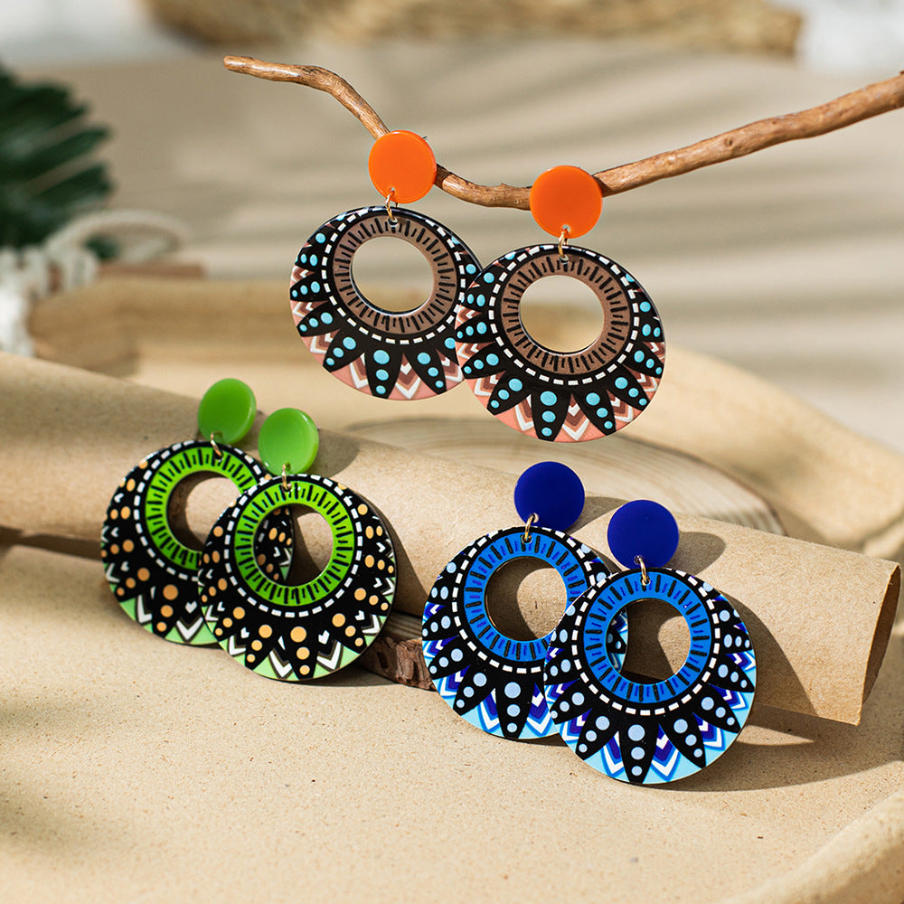 Wholesale Retro Ethnic Style Acrylic Painted Bizarre Contrasting Color Hoop Earrings ACC-ES-XLH008