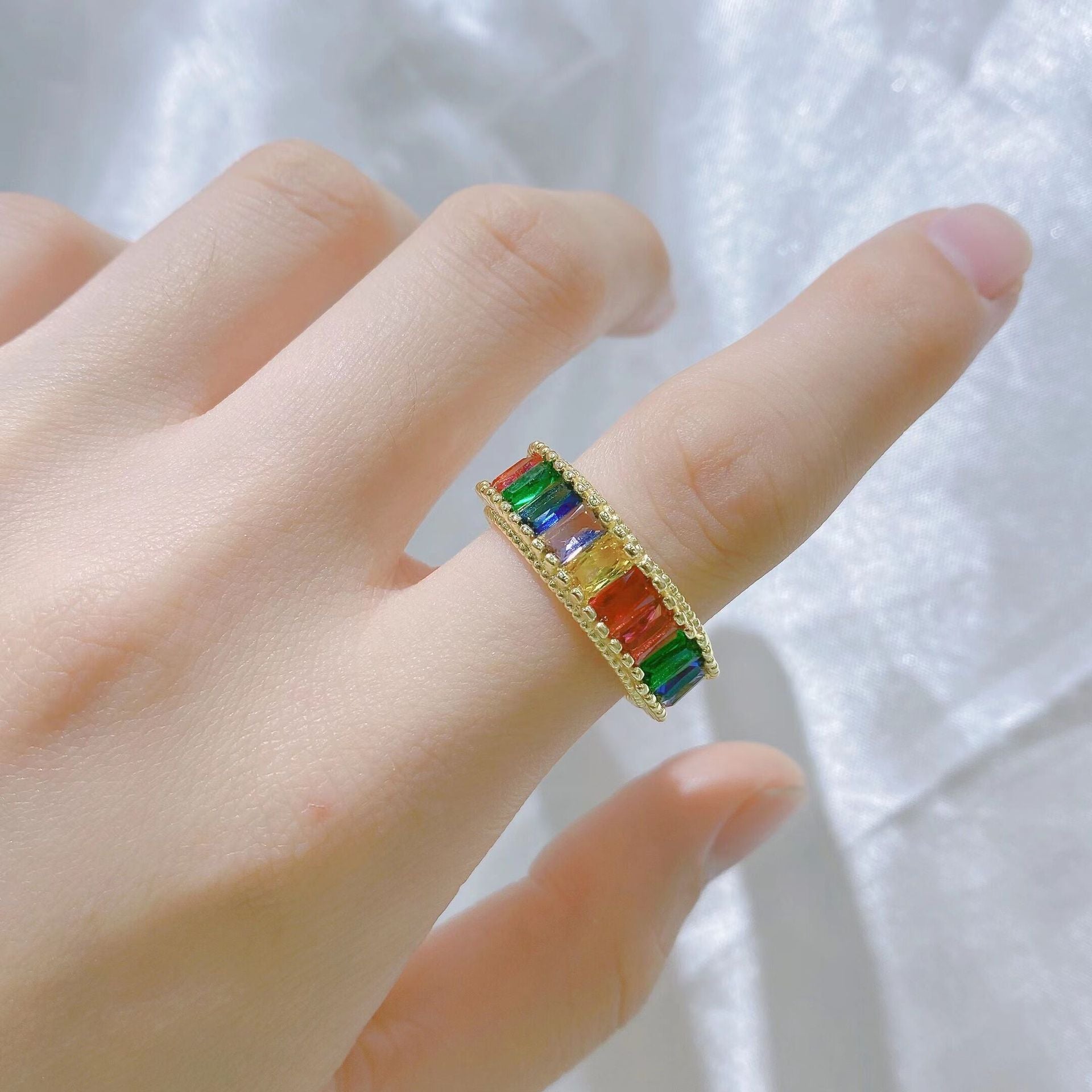 Wholesale Stylish Rainbow Zirconia Open Adjustable Ring Gold Tone Copper Electroplated For Unisex Fashion Jewelry Accessory