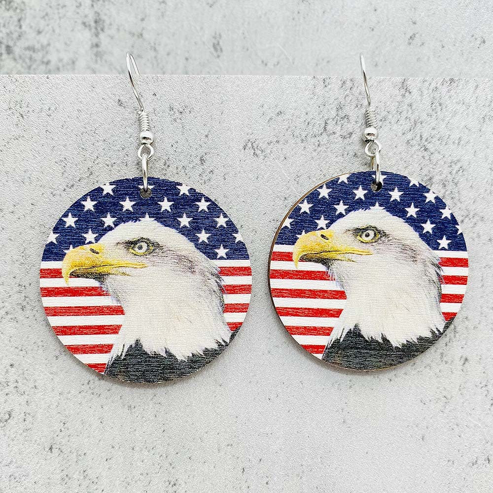Wholesale Independence Day  American Flag Eagle Round Five-pointed Star Printed Wooden Earrings