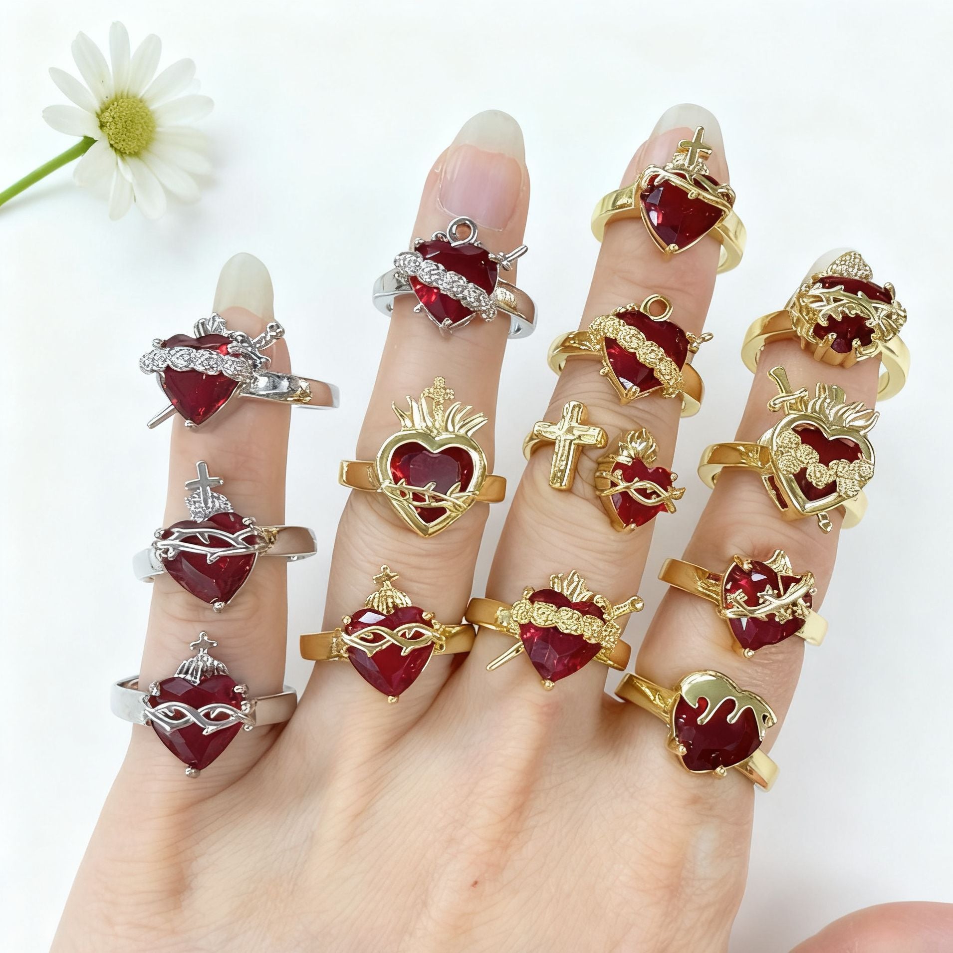 Wholesale Stylish Crown Heart Zircon Open Ring For Women Red Copper Fashion Jewelry Accessory For Everyday Wear And Boutique Resale
