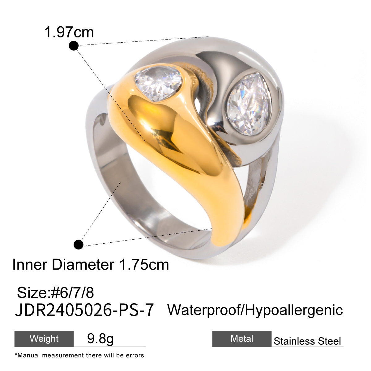 Wholesale  18k gold stainless steel gold and silver color matching round diamond ring