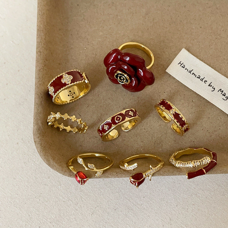 Wholesale  Red Oil Drop Flower Opening Ring