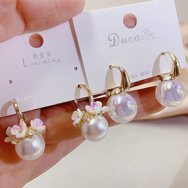 Wholesale Random color 10pcs S925 Silver Needle Earrings Pearl Earrings Micro-inlaid Zircon Mother-of-pearl Earrings ACC-ES-Pabo004