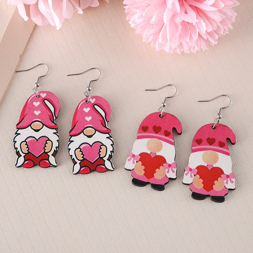 Wholesale 2PCS Wooden Valentine' s Day Heart-Shaped Dwarf Earrings