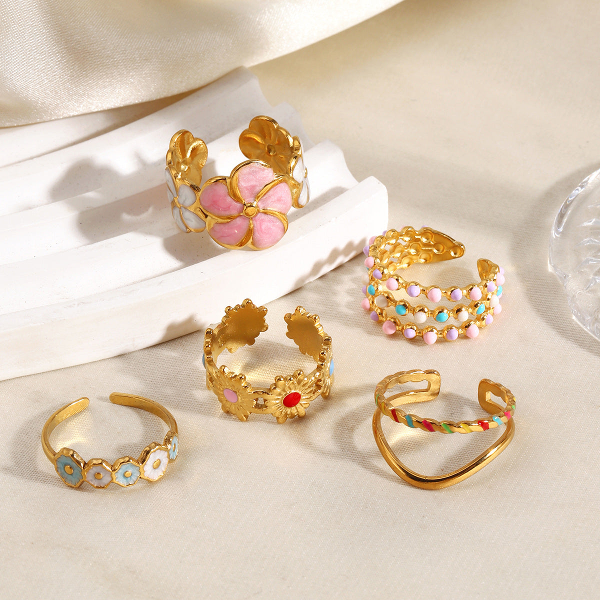 Wholesale Gold Plated Stainless Steel Colorful Enamel Floral Geometric Ring Trendy Fashion Accessory for Women