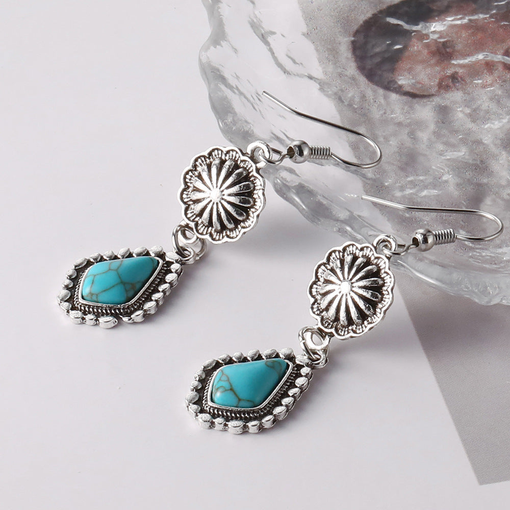 Wholesale  Bohemian vintage carved turquoise long earrings