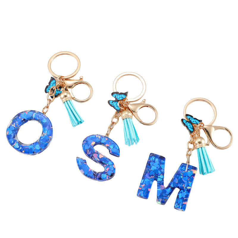 Wholesale Resin blue heart butterfly letter keychain
