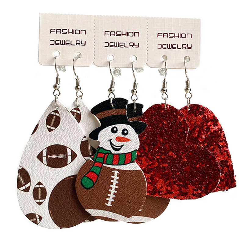 Wholesale 2 Sets Christmas Earrings Set Rugby Snowman PU Leather Earrings Set ACC-ES-HY134