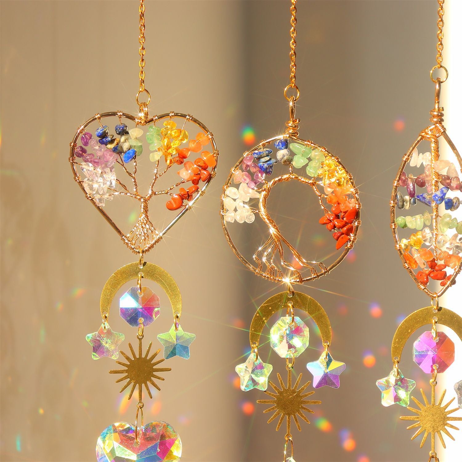 Wholesale Golden Life tree heart-shaped crystal catcher hanging window Sun prism decoration