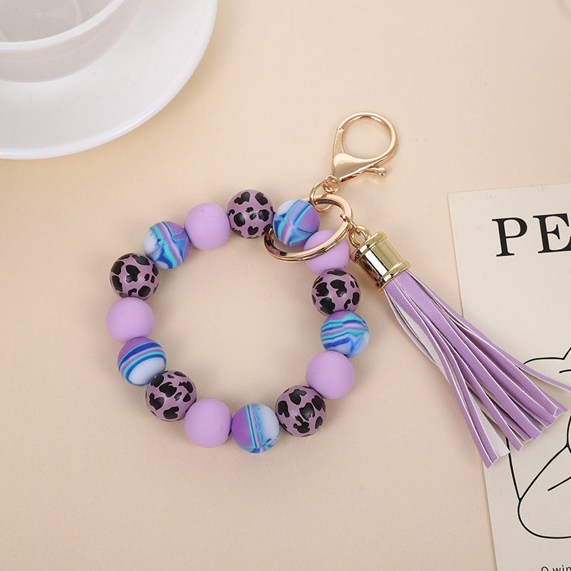 Wholesale Retro Silicone Bead Bracelet Keychain With PU Tassel Mint Green Geometric Print Chic Fashion Accessory For Everyday Use