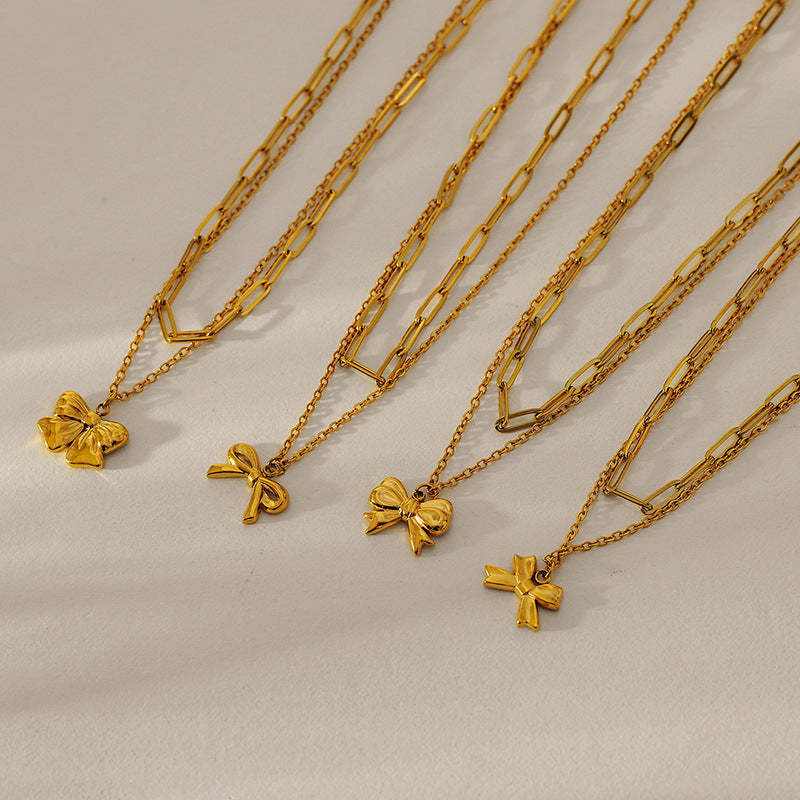Wholesale Titanium Steel 18k Golden Bow Chain Double Butterfly Pendant Necklace