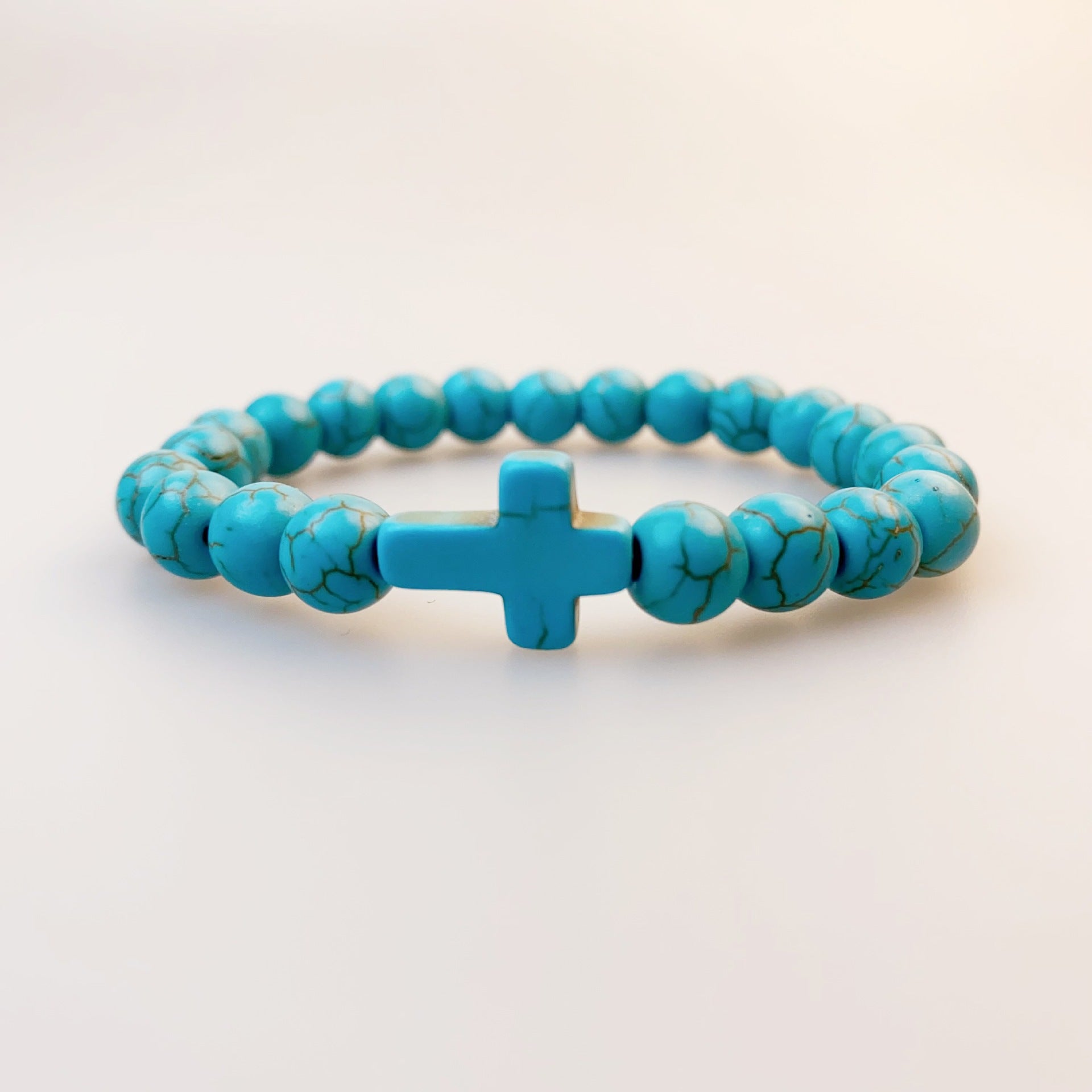 Wholesale Vintage Turquoise Cross Stretch Bracelet Unisex Religious Jewelry With Volcanic Stone Handmade Beaded Bracelet Gift Boutique Resale