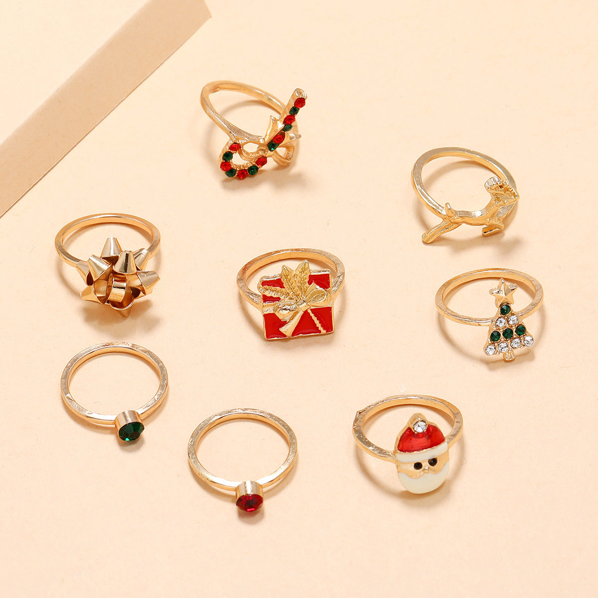 Wholesale  8-Piece Set Christmas Ring Dot Diamond Christmas Tree Scepter  Bow Elk Ring