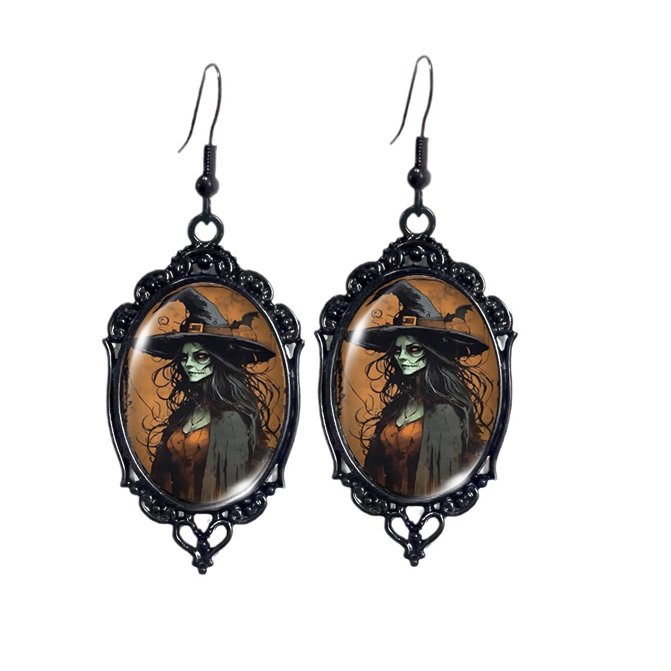 Wholesale Halloween Crow Skull Oval Lace Witch Pumpkin Black Cat Moon Metal Earrings ACCVIP-ES-XiangLian006