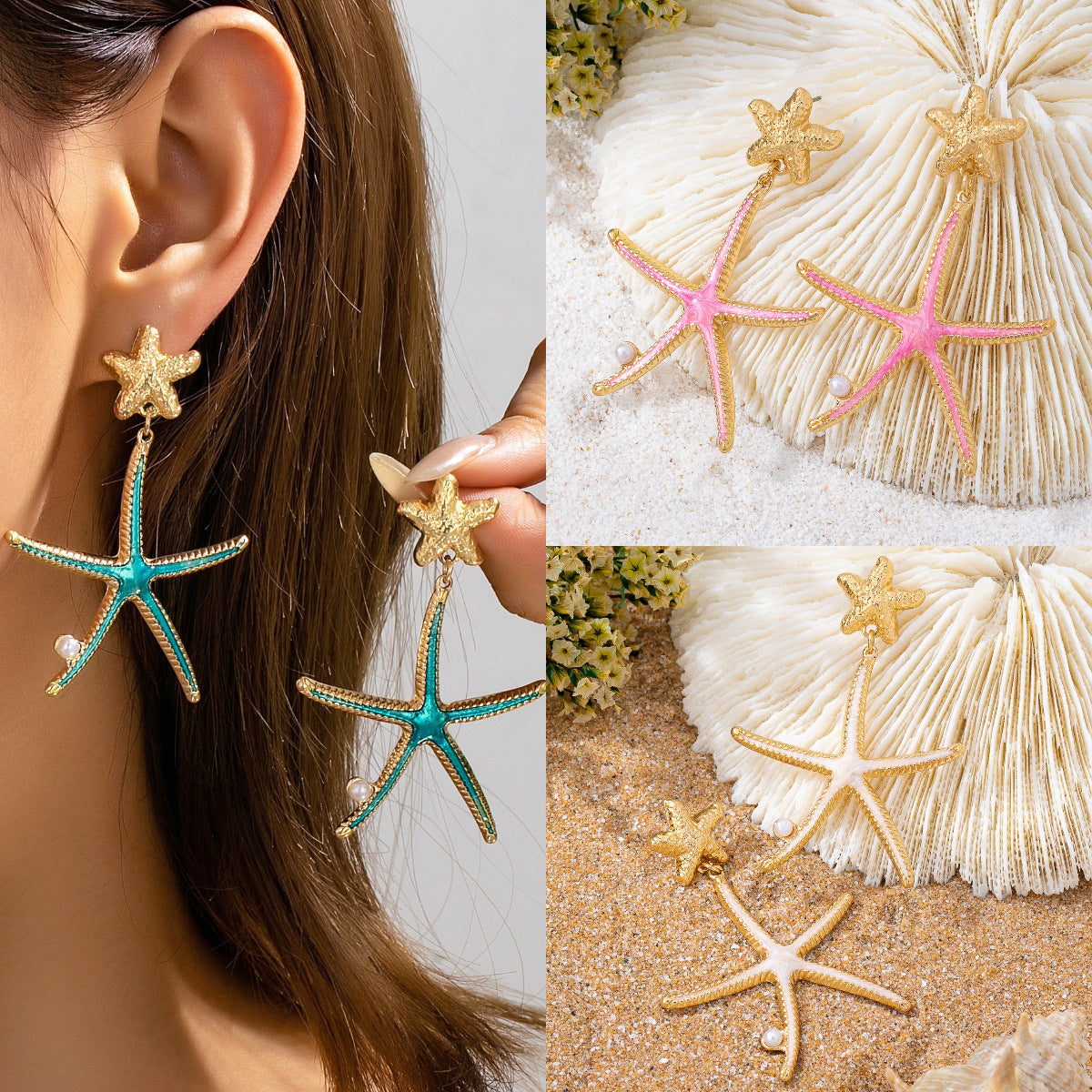 Wholesale Blue Summer Starfish Drop Earrings For Women Pearl Pendant Stylish Fashion Jewelry Accessory Boutique Gift