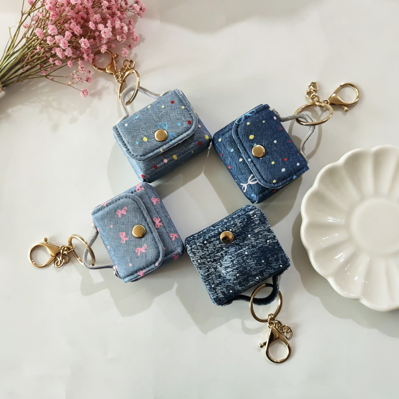 Wholesale Korean Style Denim Polka Dot Heart Earphone Case Cloth Pendant - Everyday Accessory