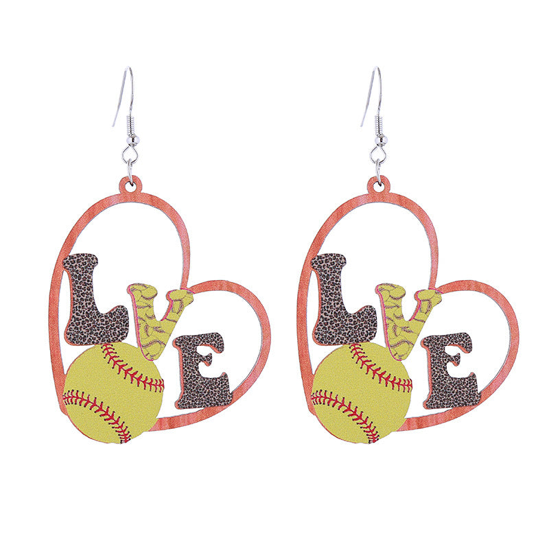 Wholesale Sports Style Baseball Heart Wooden Earrings