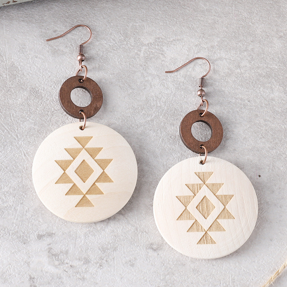 Wholesale Bohemian Cactus Sun Aztec Pattern Wood Earrings