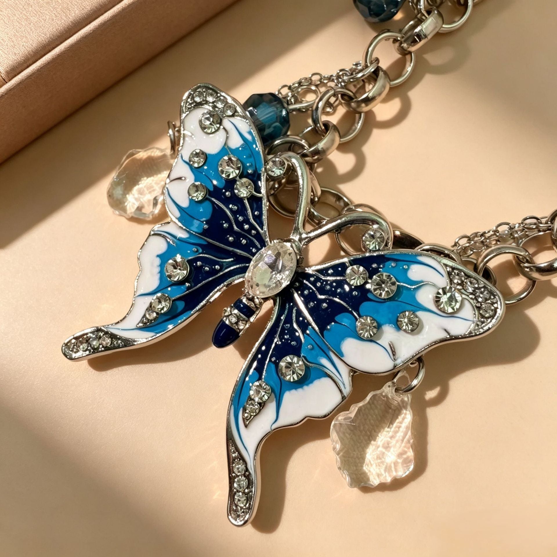 Wholesale Y2K Blue Gradient Butterfly Necklace Pink Crystal Tassel Collarbone Chain Chic Jewelry Accessory Gift
