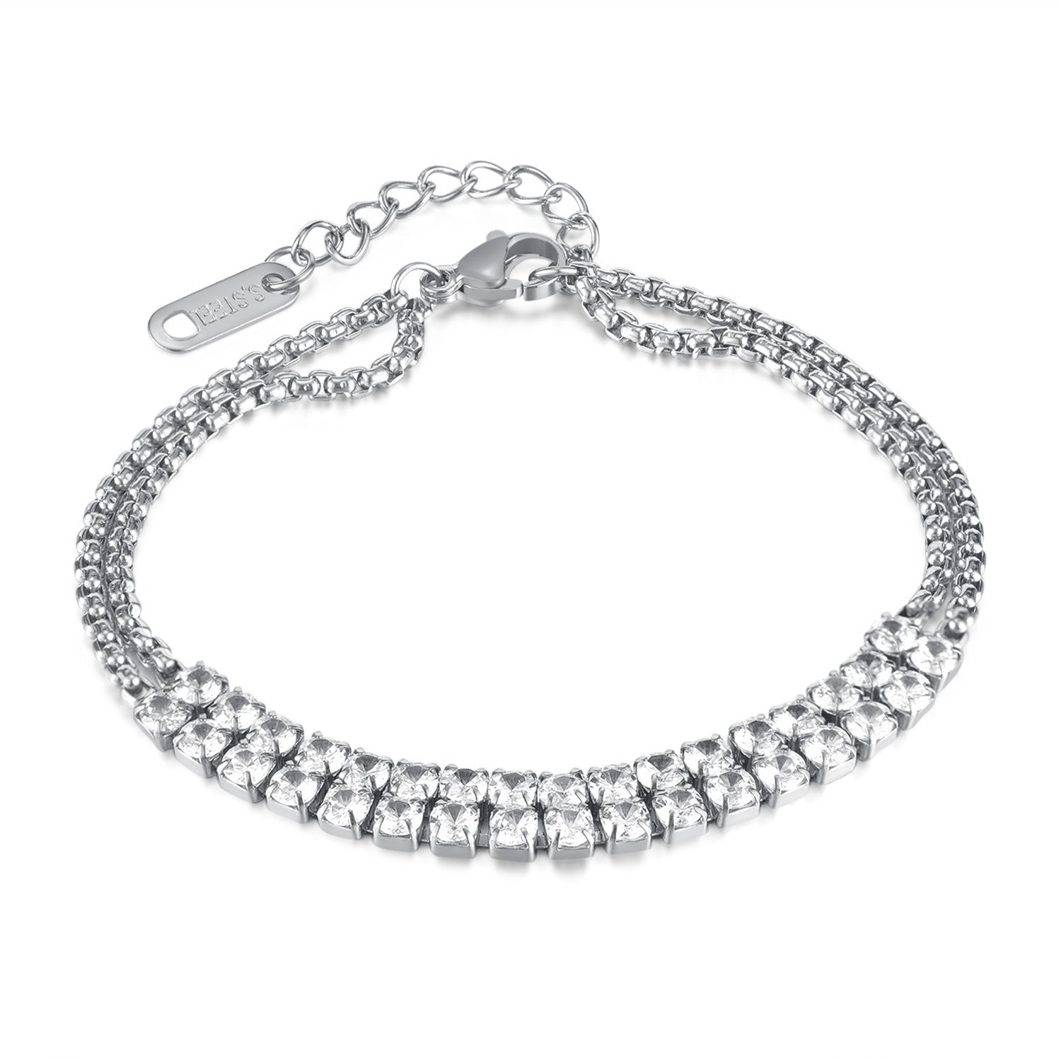 Wholesale  Stainless Steel Double Chain Double Row Diamond Simple Bracelet