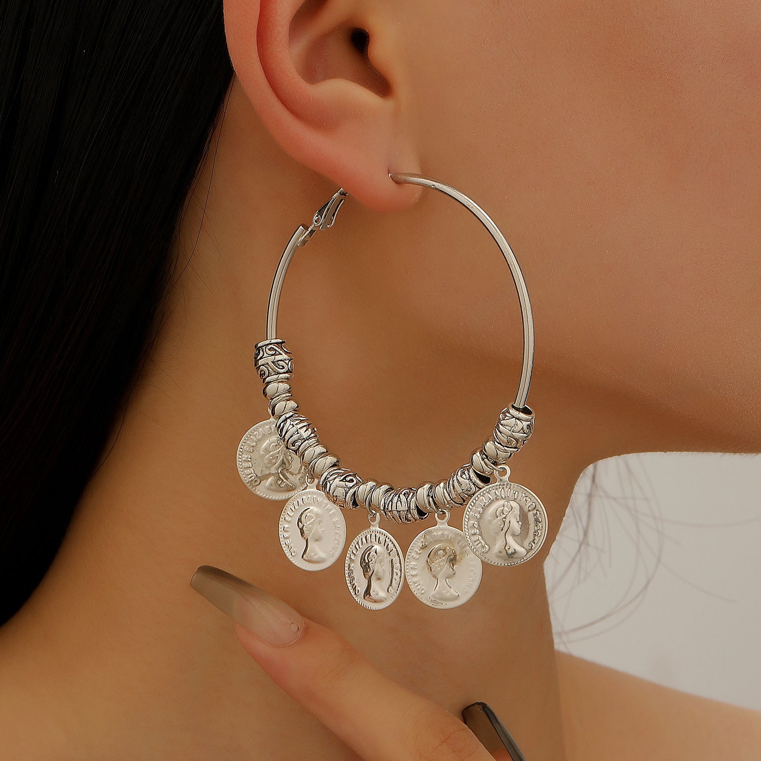 Wholesale Bohemian Vintage Retro Face Relief Large Hoop Earrings For Women Alloy Electroplated Ethnic Style Jewelry Accessory Ancient Silver Finish