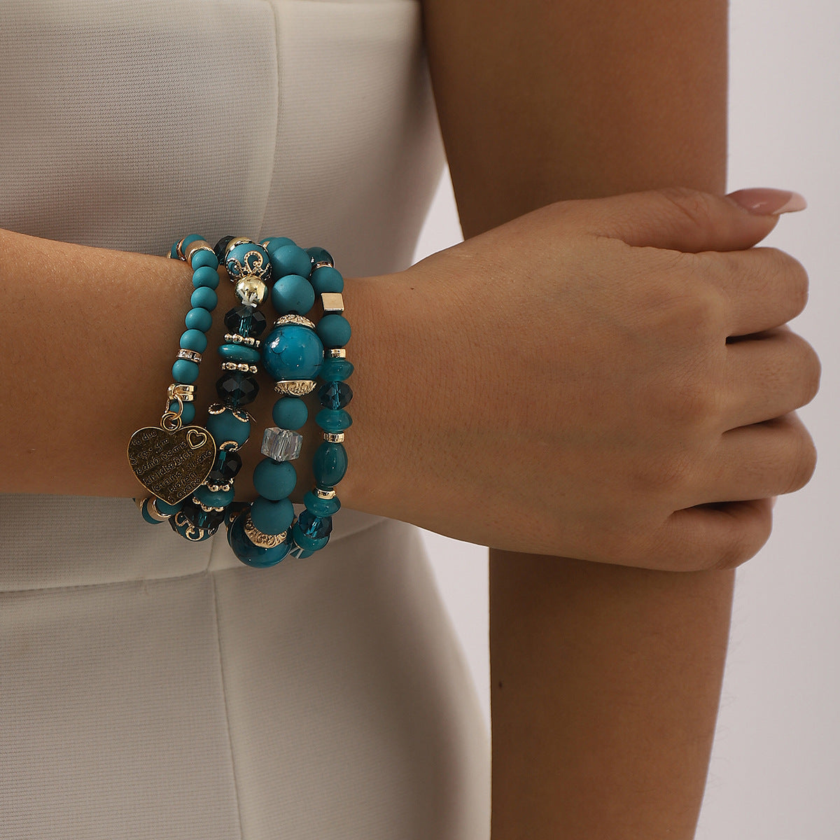 Wholesale Color Bohemian Ethnic Peach Heart Pendant Multi-layer Elastic Rice Beads Bracelet