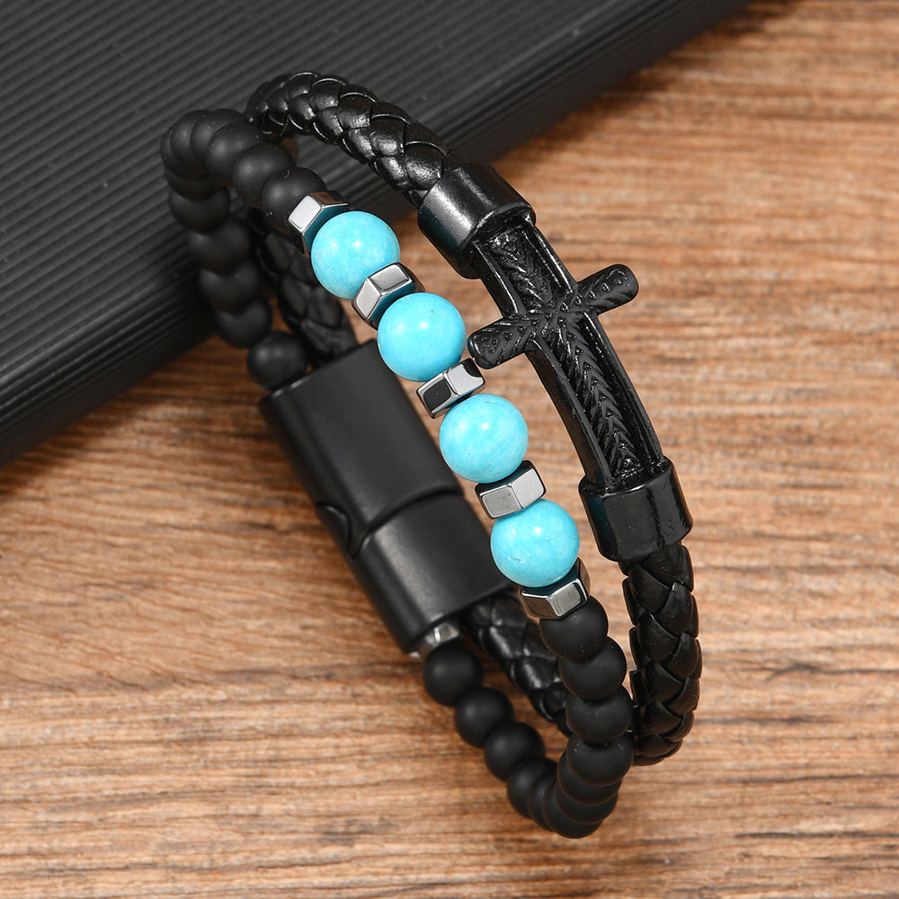 Wholesale Punk Natural Stone Beaded Cross Vintage Men' s Leather Bracelet
