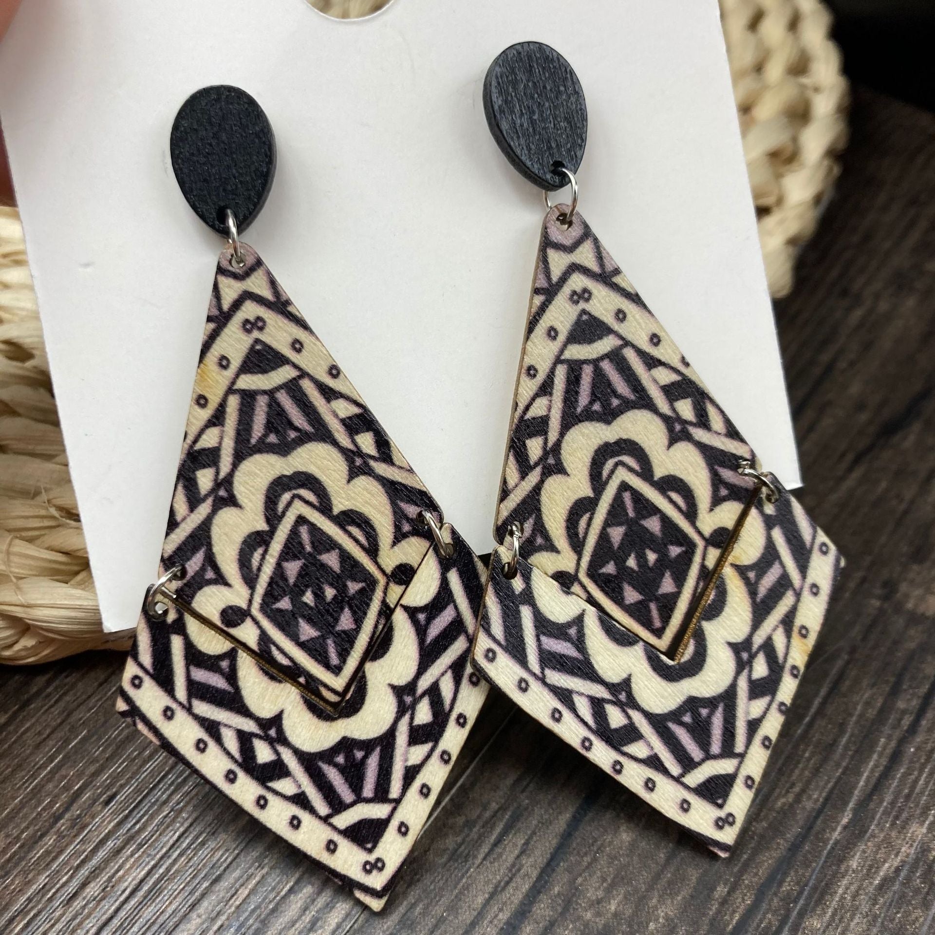 Wholesale Mid-century Style Bohemian Printed Wood Earrings ACC-ES-FX029