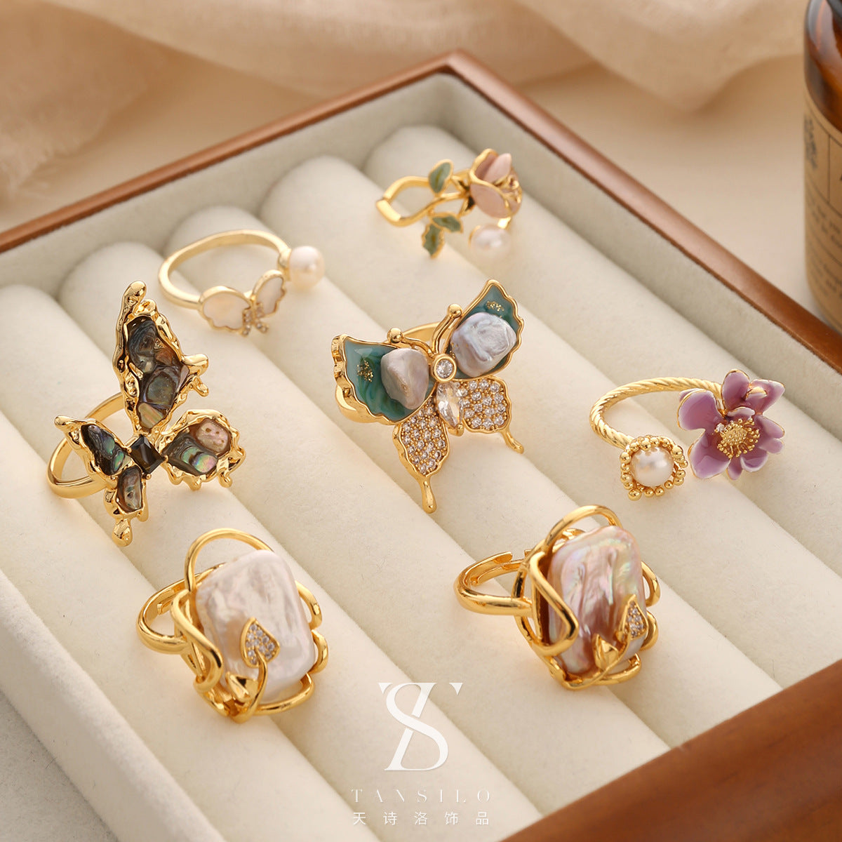 Wholesale Real Pearl Butterfly Ring Opening Ring Adjustable Non-fading Index Finger Ring