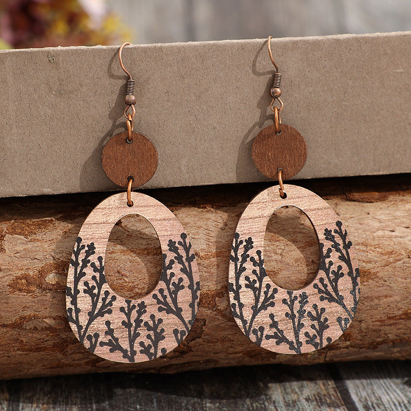 Wholesale Vintage hollow geometric print plant tree bohemian wooden earrings