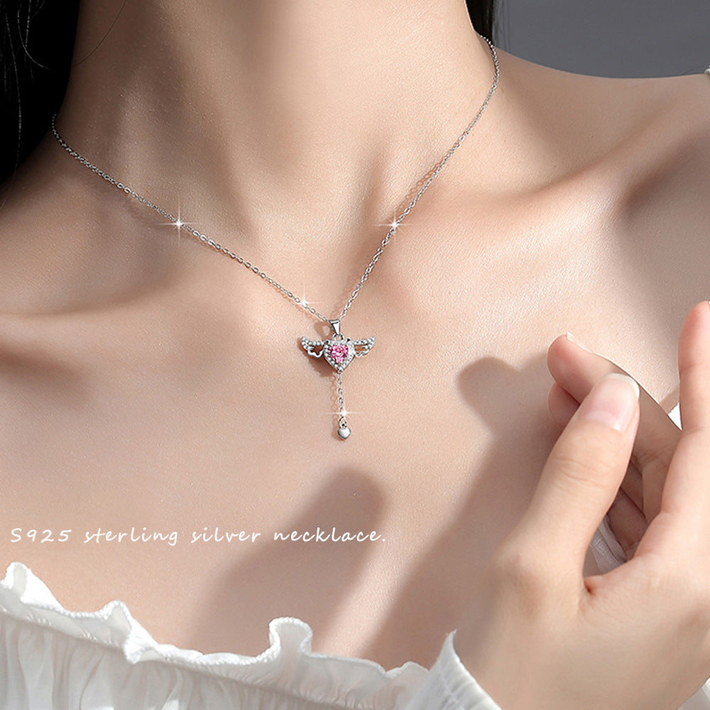 Wholesale S925 silver moving little wings Cupid heart necklace