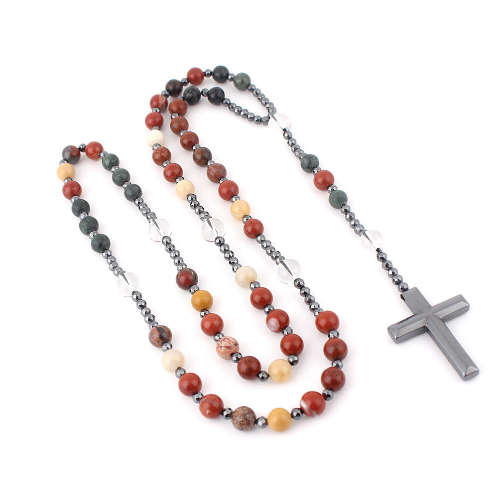 Wholesale  Natural Stone Round Beads Long Chain Black Gallstone Cross  Necklace