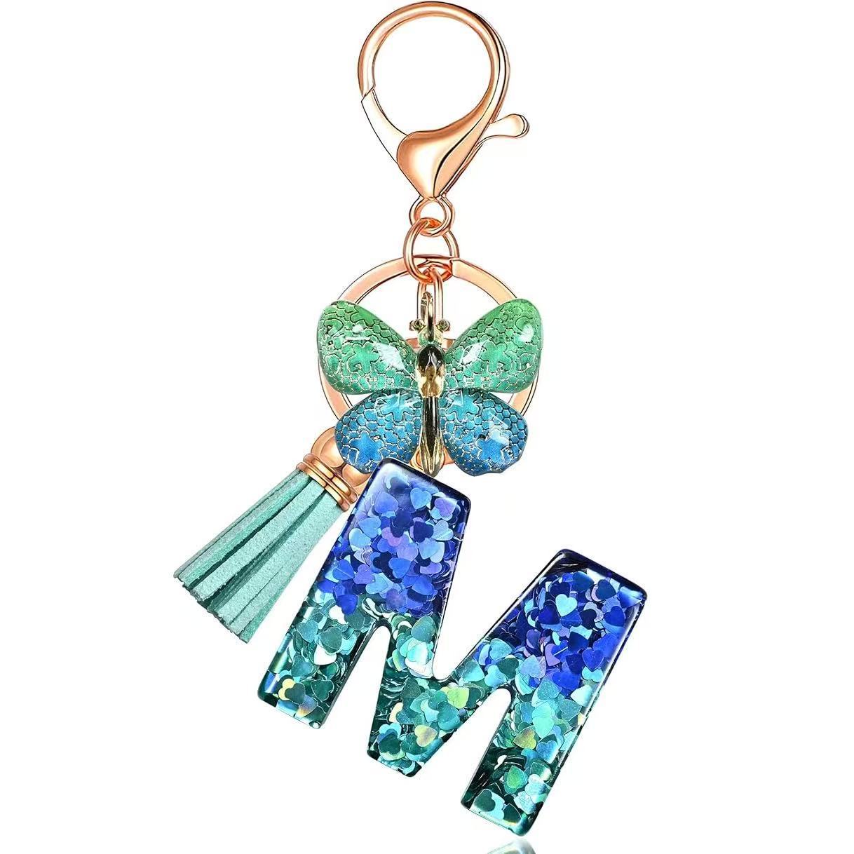Wholesale Resin Alphabet Keychain With Butterfly Tassel Blue Gradient Vacation Style Fashion Accessory For Bags And Keys