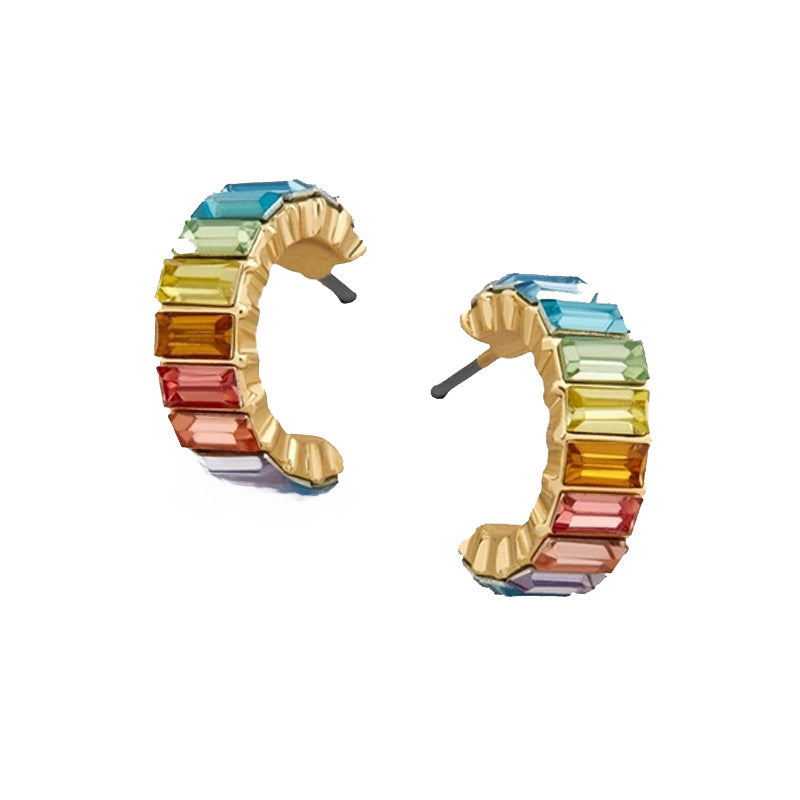 Wholesale  multi-color glass diamond jewelry simple C- shaped earrings
