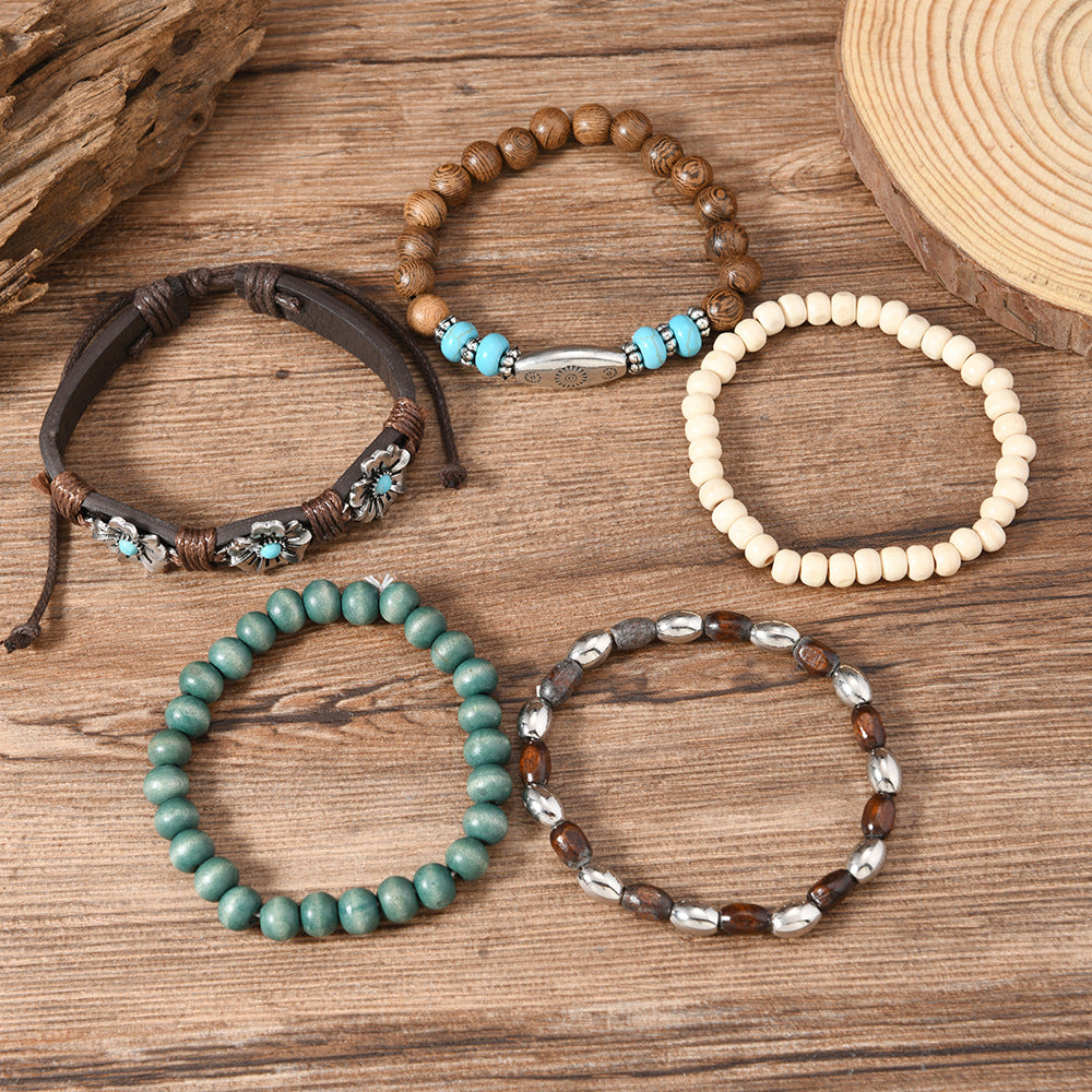 Wholesale Bohemian Wood Bead Bracelet Set Of 5 Multilayer Flower Turquoise Fashion Accessory Gift