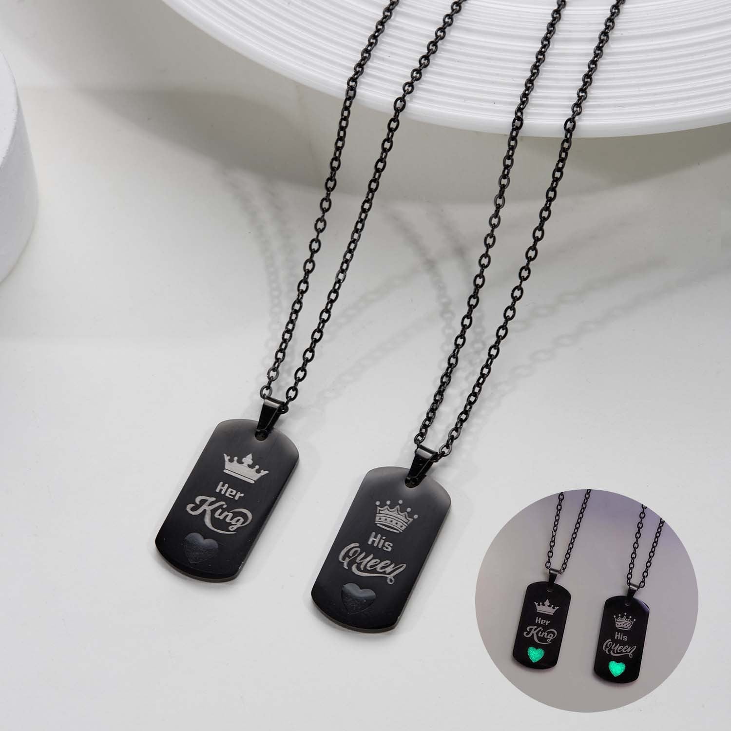 Wholesale  Couple Stainless Steel King and Queen Luminous  Letter Necklace
