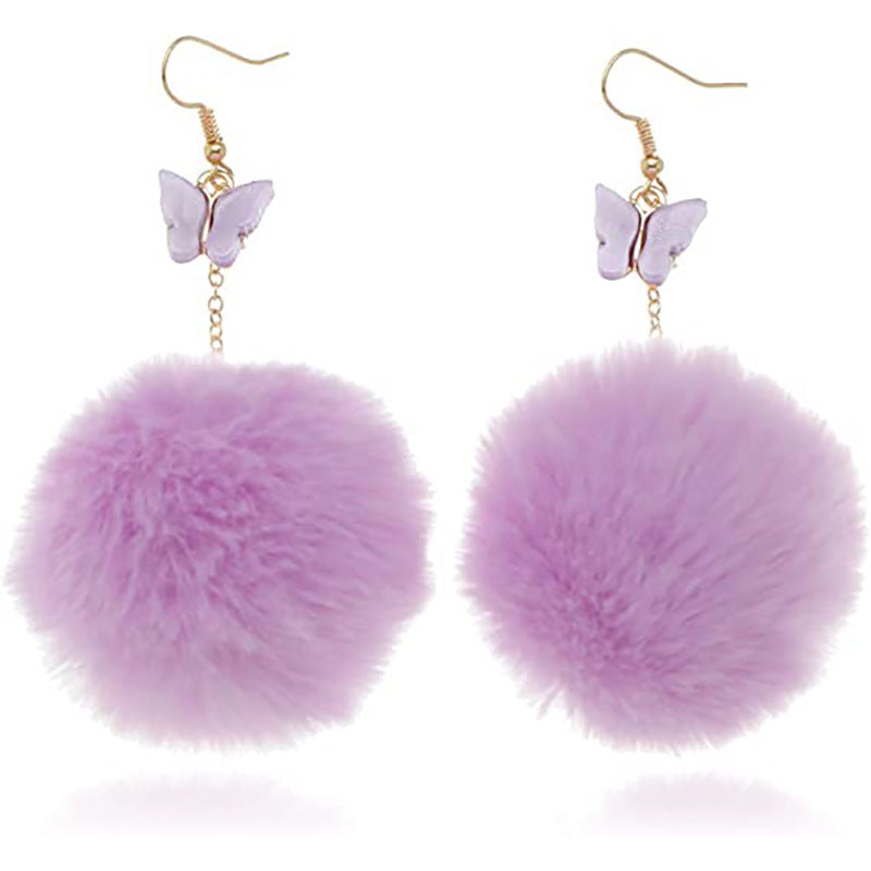 Wholesale Mink Fur Pom Pom Pendant Butterfly Earrings